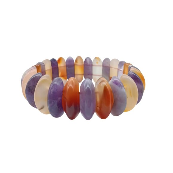 Oblong Gemstone Beaded Stretch Bracelet with Amethyst & Carnelian - Picture 2 of 5